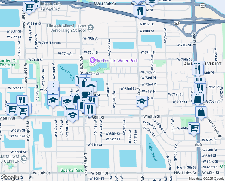 map of restaurants, bars, coffee shops, grocery stores, and more near 7107 West 10th Court in Hialeah