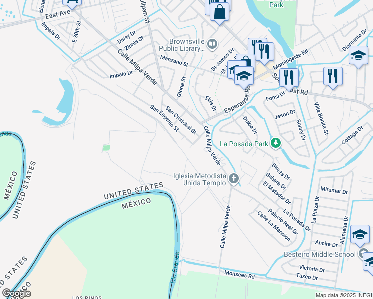 map of restaurants, bars, coffee shops, grocery stores, and more near 683 Santa Cruz Court in Brownsville