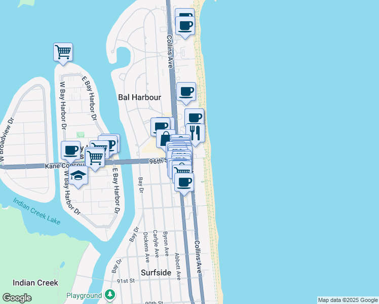 map of restaurants, bars, coffee shops, grocery stores, and more near in Bal Harbour
