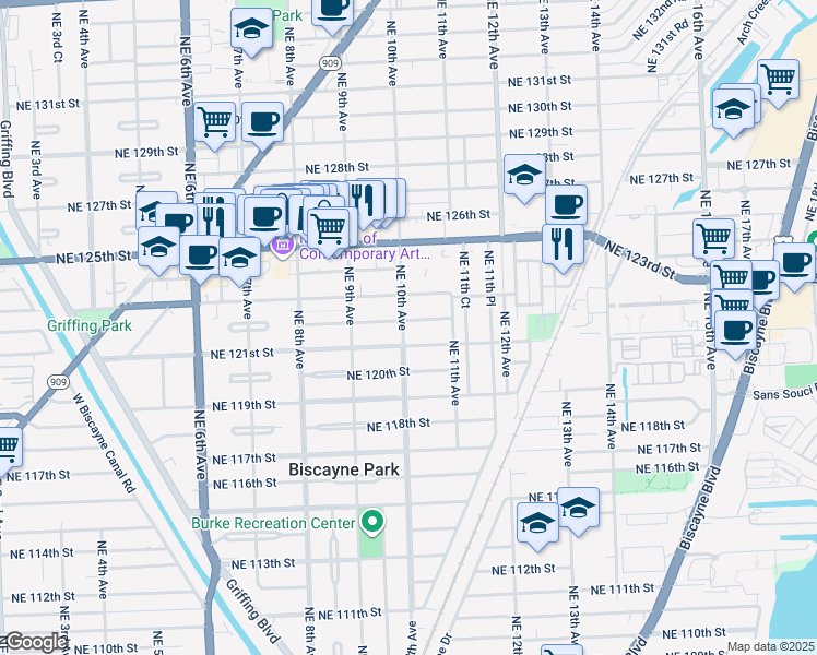 map of restaurants, bars, coffee shops, grocery stores, and more near 12115 Northeast 10th Avenue in North Miami