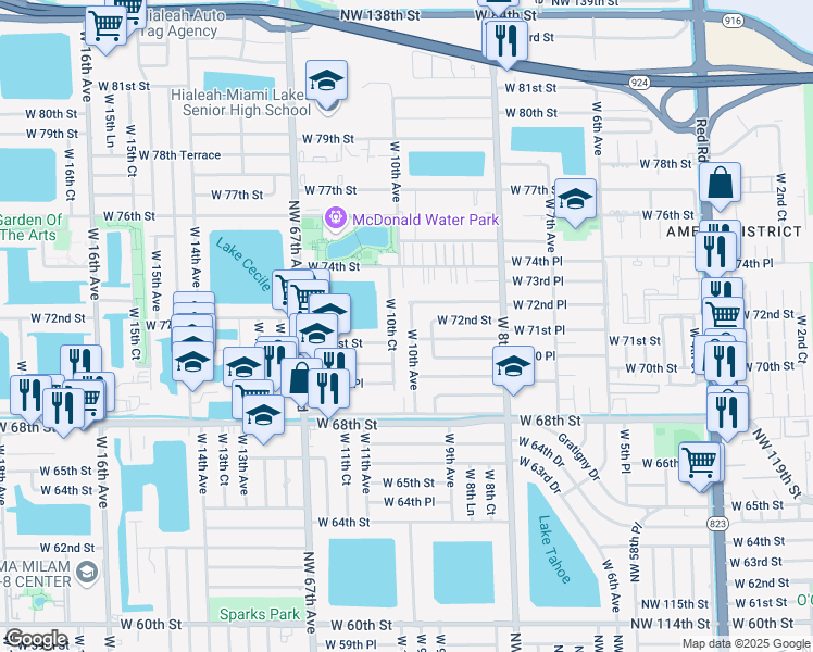 map of restaurants, bars, coffee shops, grocery stores, and more near 7107 West 10th Court in Hialeah