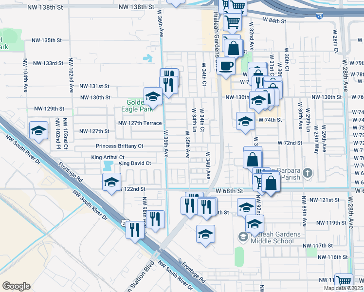 map of restaurants, bars, coffee shops, grocery stores, and more near 3558 West 71 Terrace in Hialeah