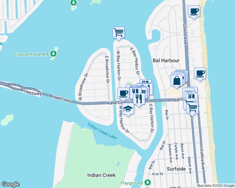 map of restaurants, bars, coffee shops, grocery stores, and more near 1177 Kane Concourse in Bay Harbor Islands