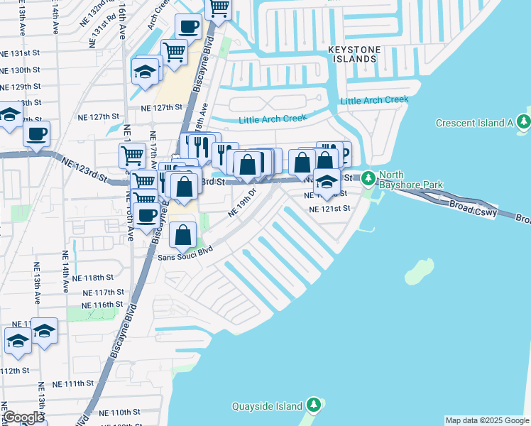 map of restaurants, bars, coffee shops, grocery stores, and more near 2100 Sans Souci Boulevard in North Miami