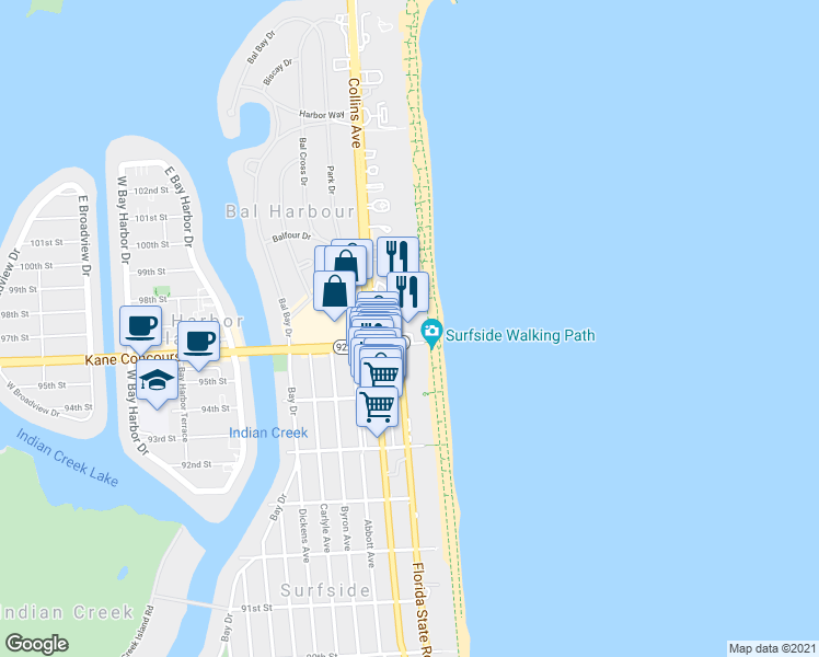 map of restaurants, bars, coffee shops, grocery stores, and more near in Surfside