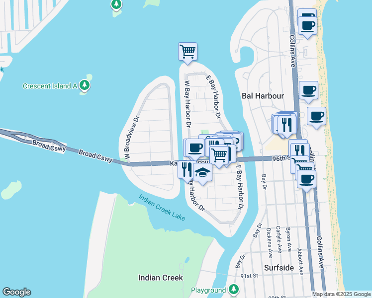 map of restaurants, bars, coffee shops, grocery stores, and more near 9700 West Bay Harbor Drive in Bay Harbor Islands