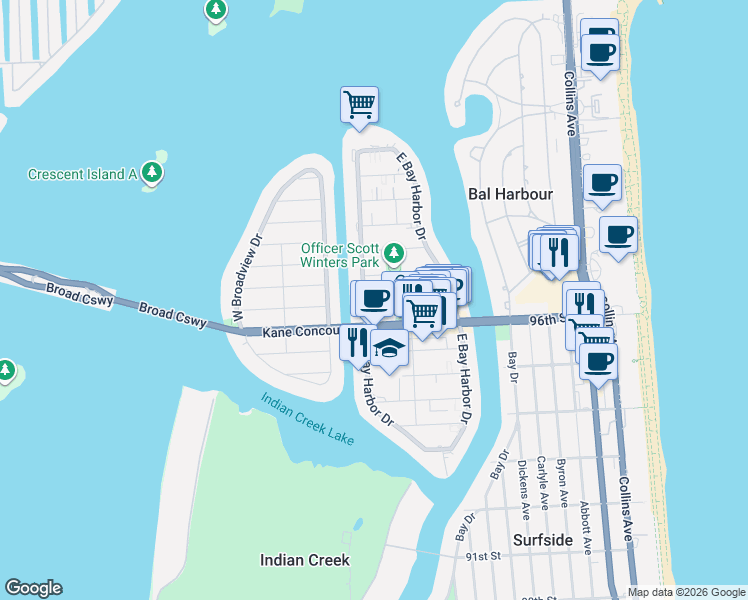 map of restaurants, bars, coffee shops, grocery stores, and more near 1177 Kane Concourse in Bay Harbor Islands