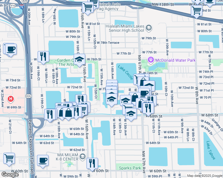 map of restaurants, bars, coffee shops, grocery stores, and more near 7091 West 14th Court in Hialeah