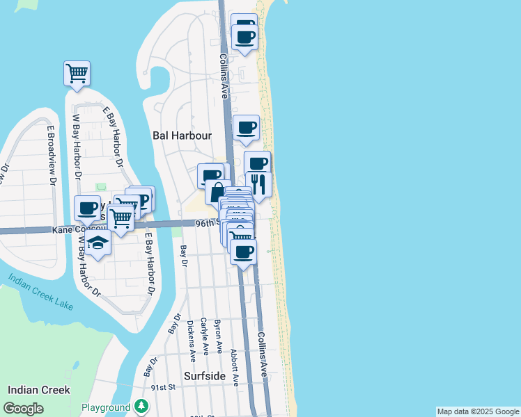 map of restaurants, bars, coffee shops, grocery stores, and more near in Bal Harbour