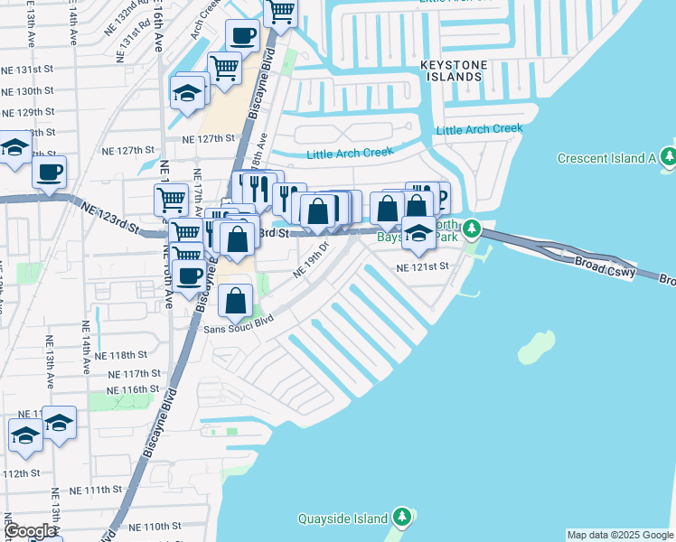 map of restaurants, bars, coffee shops, grocery stores, and more near 1900 Sans Souci Boulevard in North Miami