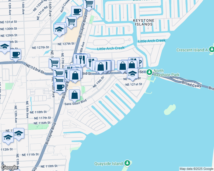 map of restaurants, bars, coffee shops, grocery stores, and more near 2100 Sans Souci Boulevard in North Miami