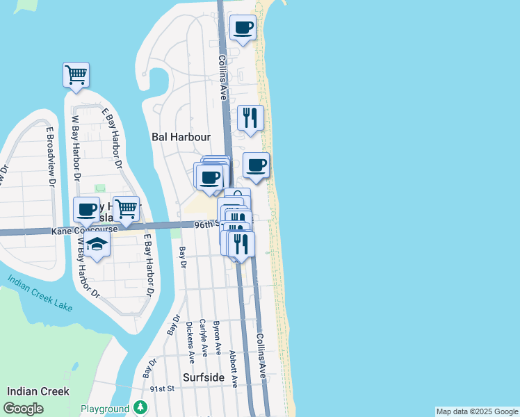 map of restaurants, bars, coffee shops, grocery stores, and more near 9703 Collins Avenue in Bal Harbour