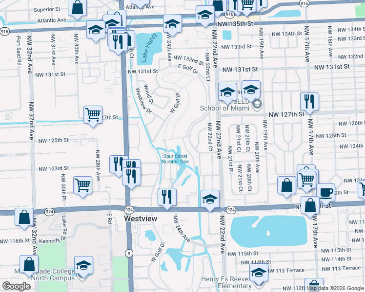 map of restaurants, bars, coffee shops, grocery stores, and more near 12501 East Golf Drive in North Miami