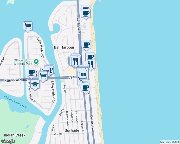 map of restaurants, bars, coffee shops, grocery stores, and more near in Miami Beach