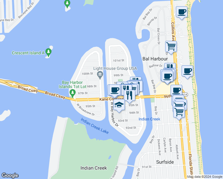 map of restaurants, bars, coffee shops, grocery stores, and more near 1150 98th Street in Bay Harbor Islands