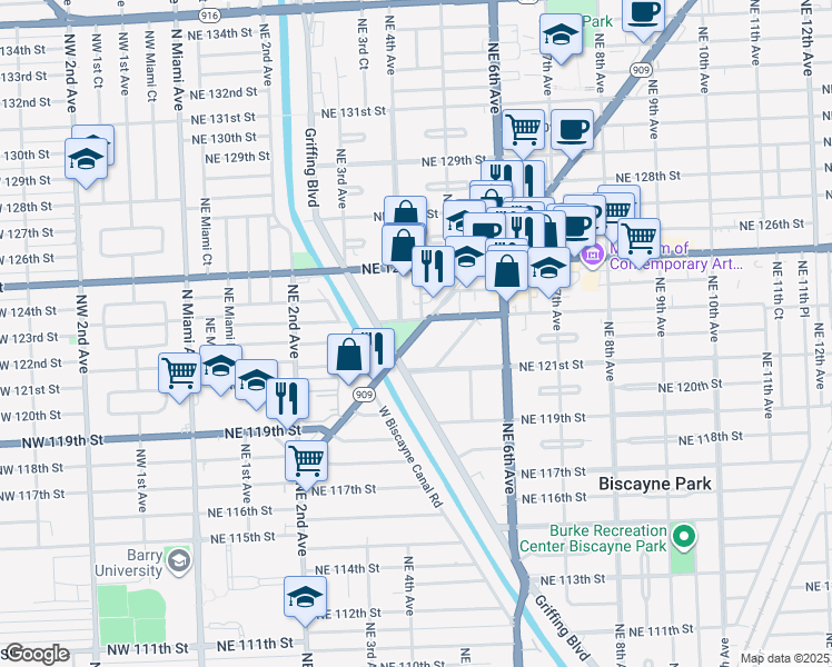 map of restaurants, bars, coffee shops, grocery stores, and more near 12315 Northeast 4th Avenue in North Miami