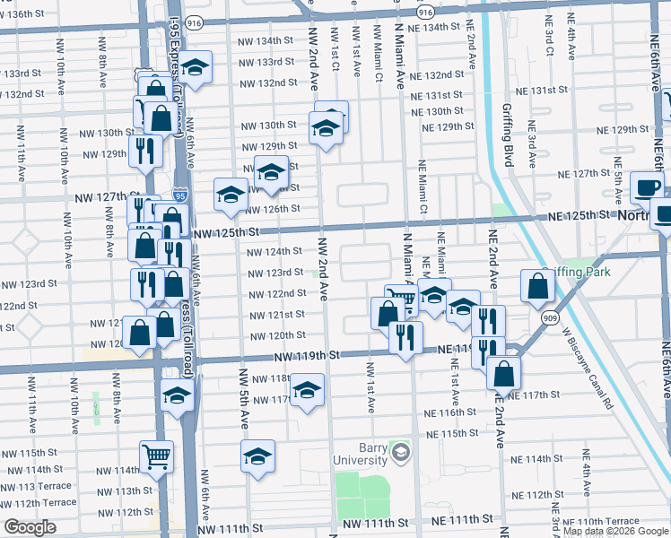 map of restaurants, bars, coffee shops, grocery stores, and more near 12340 Northwest 1st Court in North Miami