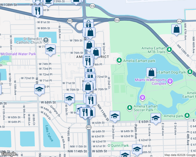 map of restaurants, bars, coffee shops, grocery stores, and more near 7255 West 2nd Way in Hialeah