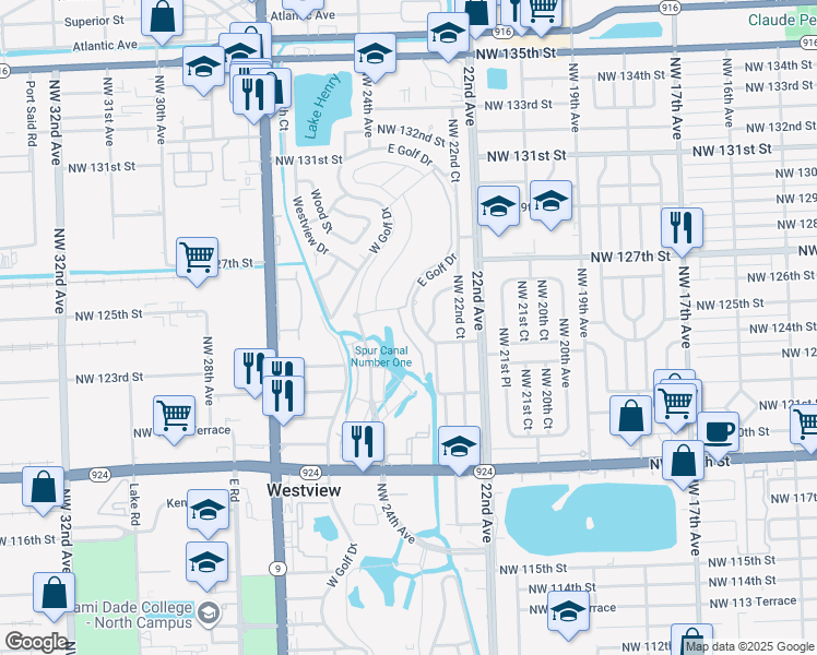 map of restaurants, bars, coffee shops, grocery stores, and more near 12501 East Golf Drive in North Miami
