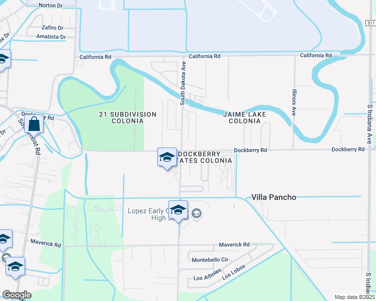 map of restaurants, bars, coffee shops, grocery stores, and more near 2701 South Dakota Avenue in Brownsville