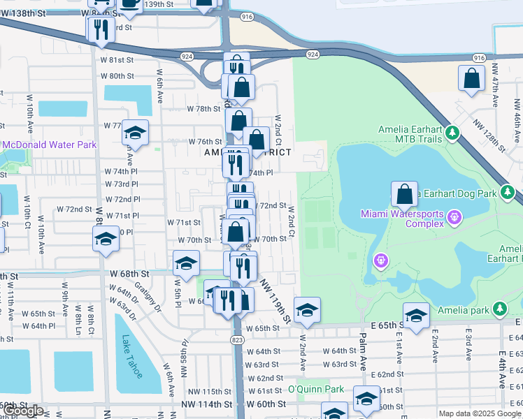 map of restaurants, bars, coffee shops, grocery stores, and more near 7255 West 2nd Way in Hialeah