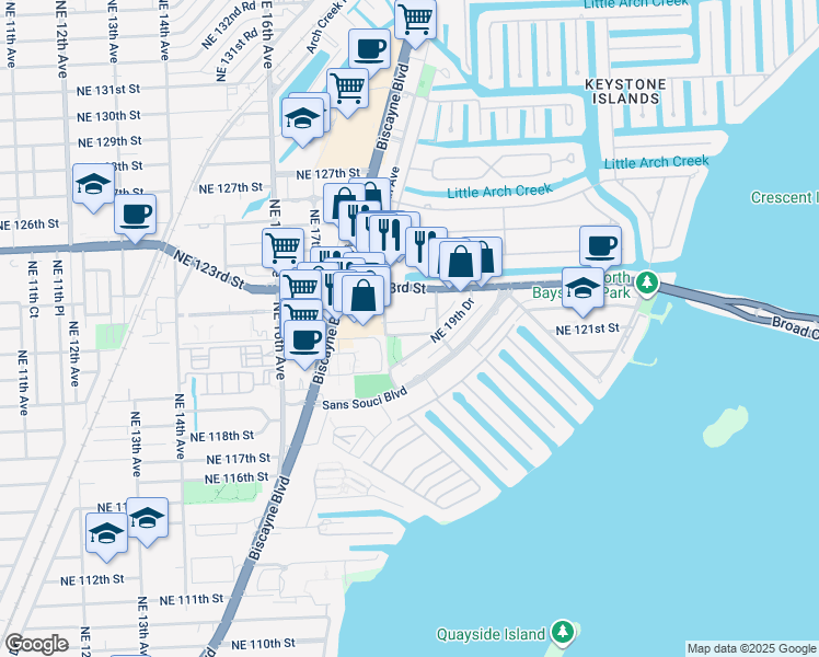 map of restaurants, bars, coffee shops, grocery stores, and more near 1850 Northeast 123rd Street in North Miami
