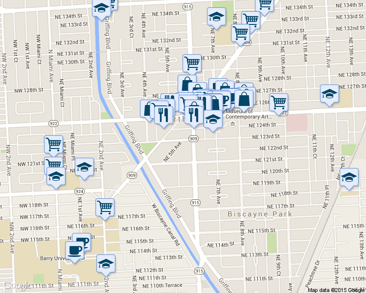 map of restaurants, bars, coffee shops, grocery stores, and more near in North Miami