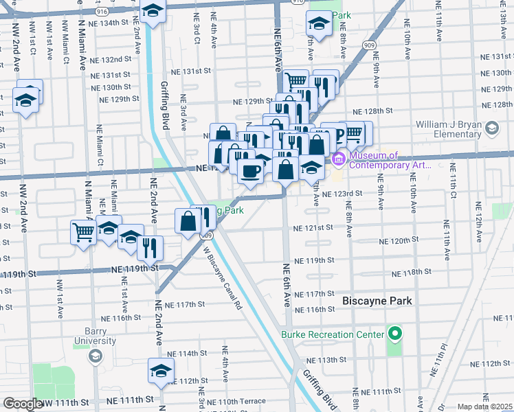 map of restaurants, bars, coffee shops, grocery stores, and more near 475 Northeast 123rd Street in North Miami