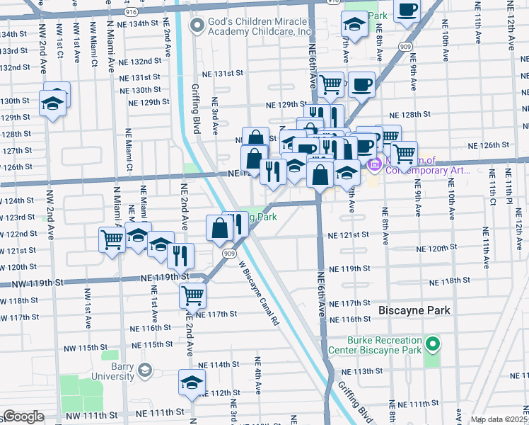 map of restaurants, bars, coffee shops, grocery stores, and more near 12315 Northeast 4th Avenue in North Miami