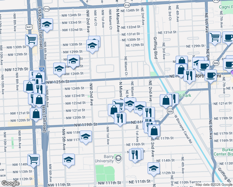 map of restaurants, bars, coffee shops, grocery stores, and more near 12320 North Miami Avenue in North Miami