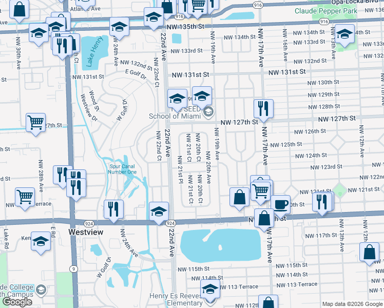 map of restaurants, bars, coffee shops, grocery stores, and more near 12500 Northwest 21st Court in Miami