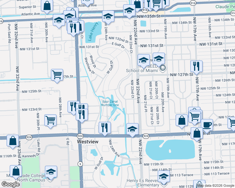 map of restaurants, bars, coffee shops, grocery stores, and more near 12501 East Golf Drive in North Miami