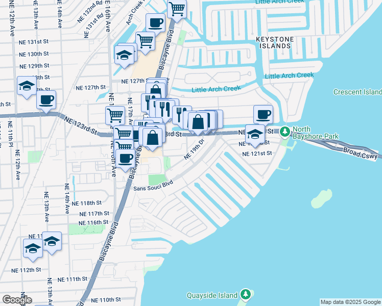 map of restaurants, bars, coffee shops, grocery stores, and more near 12150 Northeast 19th Avenue in North Miami