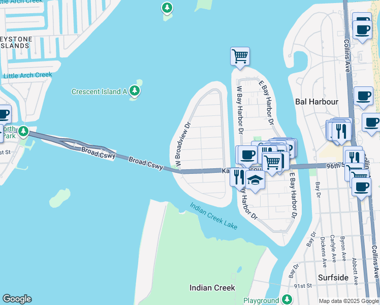 map of restaurants, bars, coffee shops, grocery stores, and more near 1331 98th Street in Bay Harbor Islands