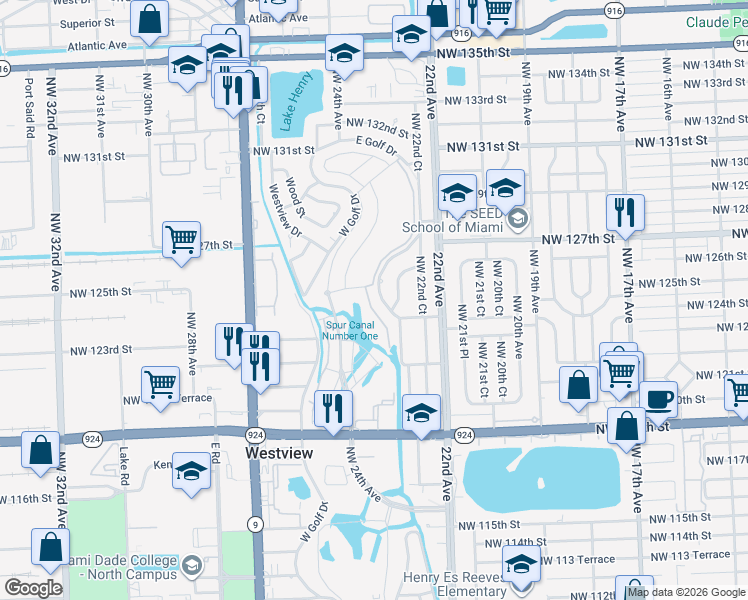 map of restaurants, bars, coffee shops, grocery stores, and more near 12501 East Golf Drive in North Miami
