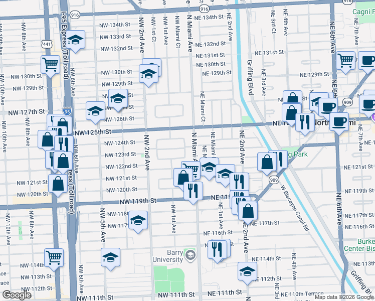 map of restaurants, bars, coffee shops, grocery stores, and more near 12320 North Miami Avenue in North Miami
