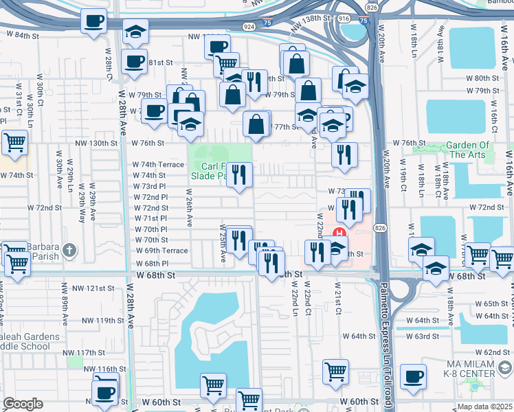 map of restaurants, bars, coffee shops, grocery stores, and more near 213 West 72nd Place in Hialeah