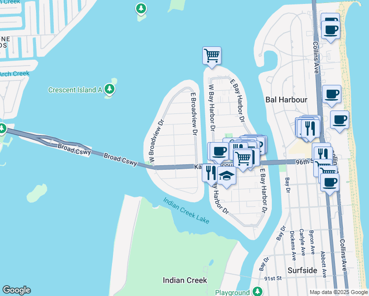 map of restaurants, bars, coffee shops, grocery stores, and more near 1250 98th Street in Bay Harbor Islands