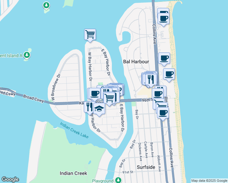 map of restaurants, bars, coffee shops, grocery stores, and more near 9770 East Bay Harbor Drive in Bay Harbor Islands