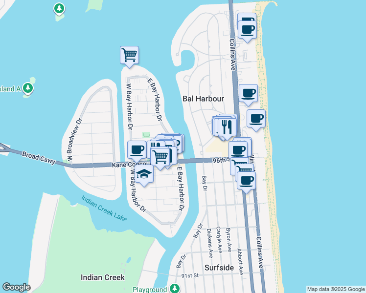 map of restaurants, bars, coffee shops, grocery stores, and more near 44 Bal Bay Drive in Bal Harbour