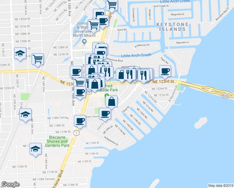 map of restaurants, bars, coffee shops, grocery stores, and more near 12150 Northeast 19th Avenue in North Miami