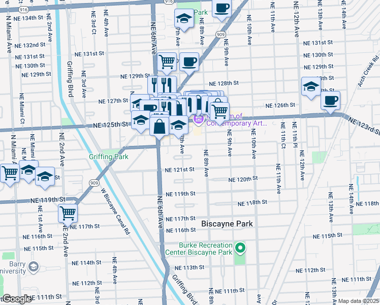 map of restaurants, bars, coffee shops, grocery stores, and more near 720 Northeast 123rd Street in North Miami