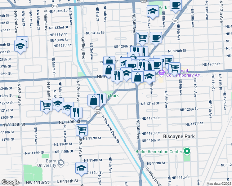 map of restaurants, bars, coffee shops, grocery stores, and more near 12315 Northeast 4th Avenue in North Miami