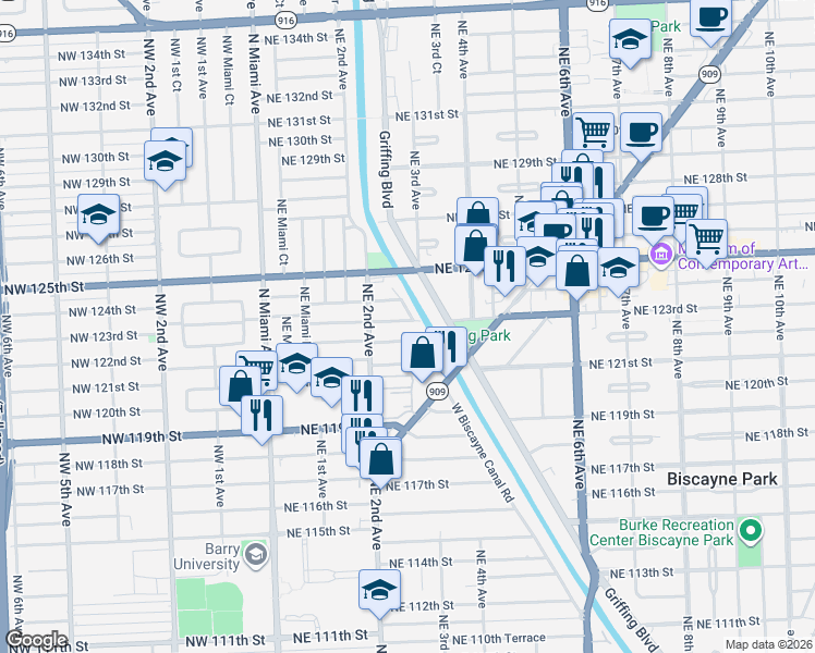 map of restaurants, bars, coffee shops, grocery stores, and more near 255 Northeast 123rd Street in North Miami
