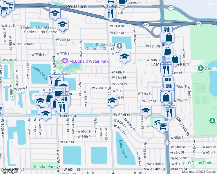 map of restaurants, bars, coffee shops, grocery stores, and more near 795 West 72nd Place in Hialeah