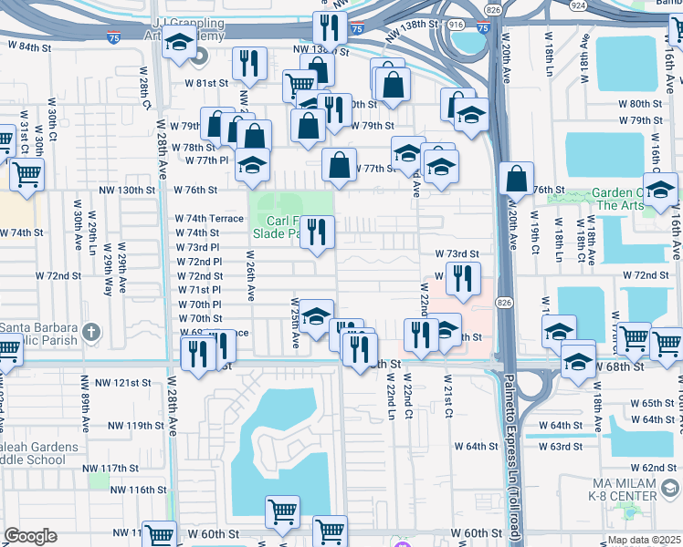 map of restaurants, bars, coffee shops, grocery stores, and more near 213 West 72nd Place in Hialeah