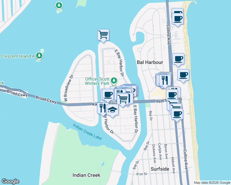 map of restaurants, bars, coffee shops, grocery stores, and more near 1125 97th Street in Bay Harbor Islands