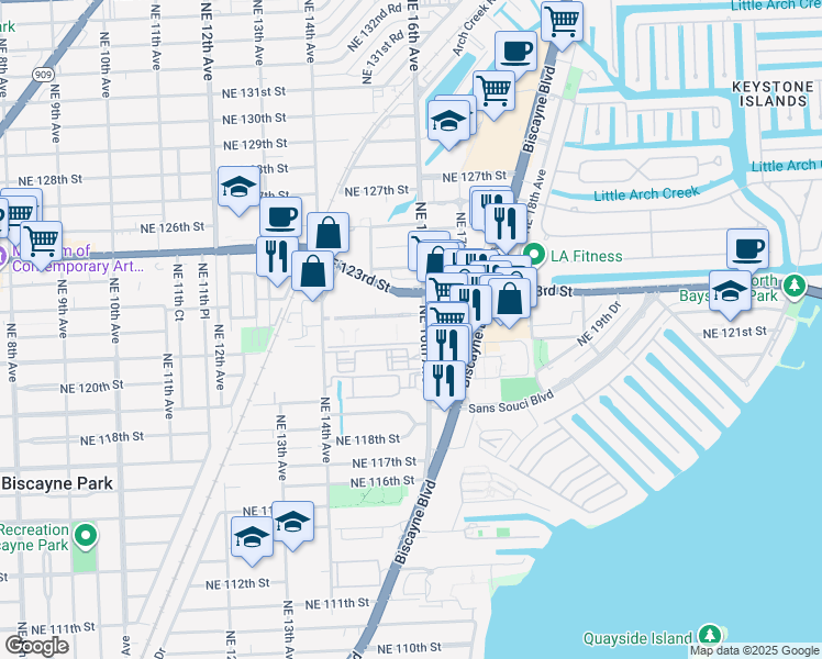 map of restaurants, bars, coffee shops, grocery stores, and more near 1550 Northeast 123rd Street in North Miami
