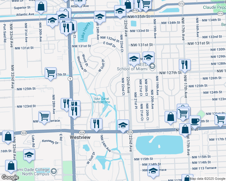 map of restaurants, bars, coffee shops, grocery stores, and more near 12441 East Golf Drive in Miami