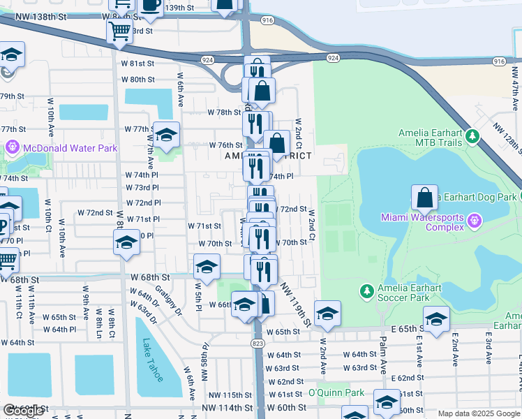 map of restaurants, bars, coffee shops, grocery stores, and more near 7235 West 3rd Court in Hialeah